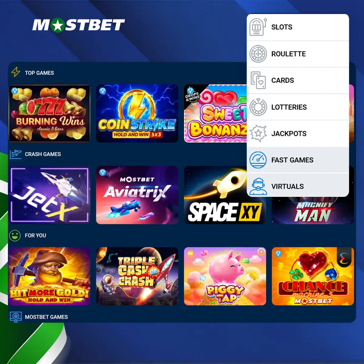 Large selection of games for every taste at Mostbet Casino