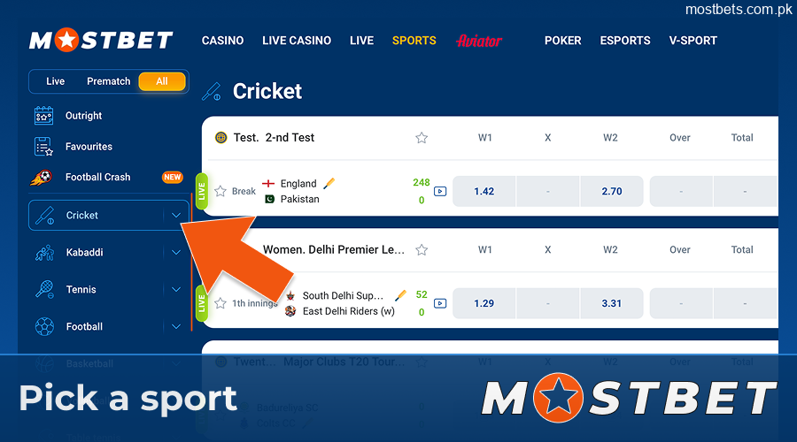 Choosing a sport in the Mostbet PK sports section