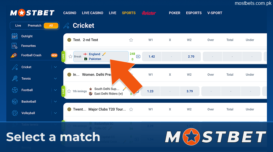 Selecting a match on the Mostbet PK schedule