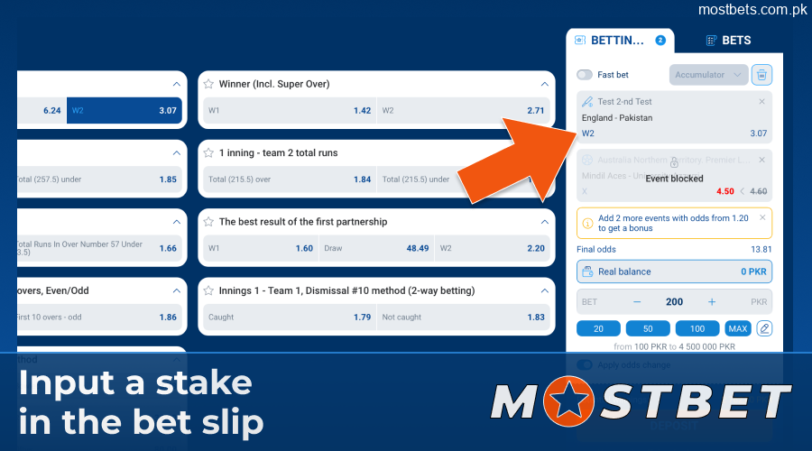 Entering a PKR stake in the Mostbet bet slip