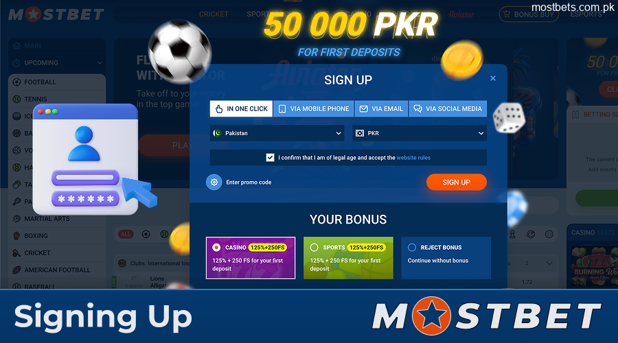 Mostbet PK sign-up form with PKR and promo code